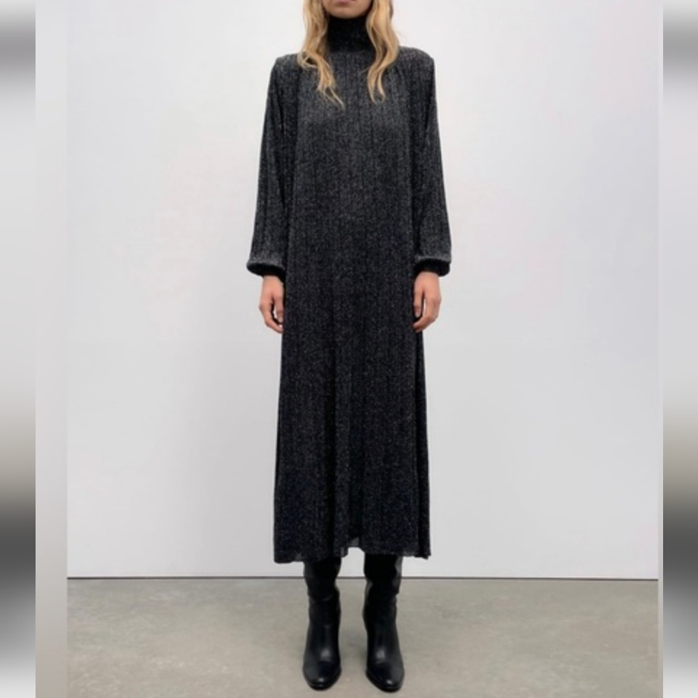 Zara women’s metallic black midi dress with mock neckline over size S like new